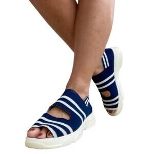 Fish Mouth Knitted Sandals Light Stretch Womens 6.5 Blue White Stripe Slip On